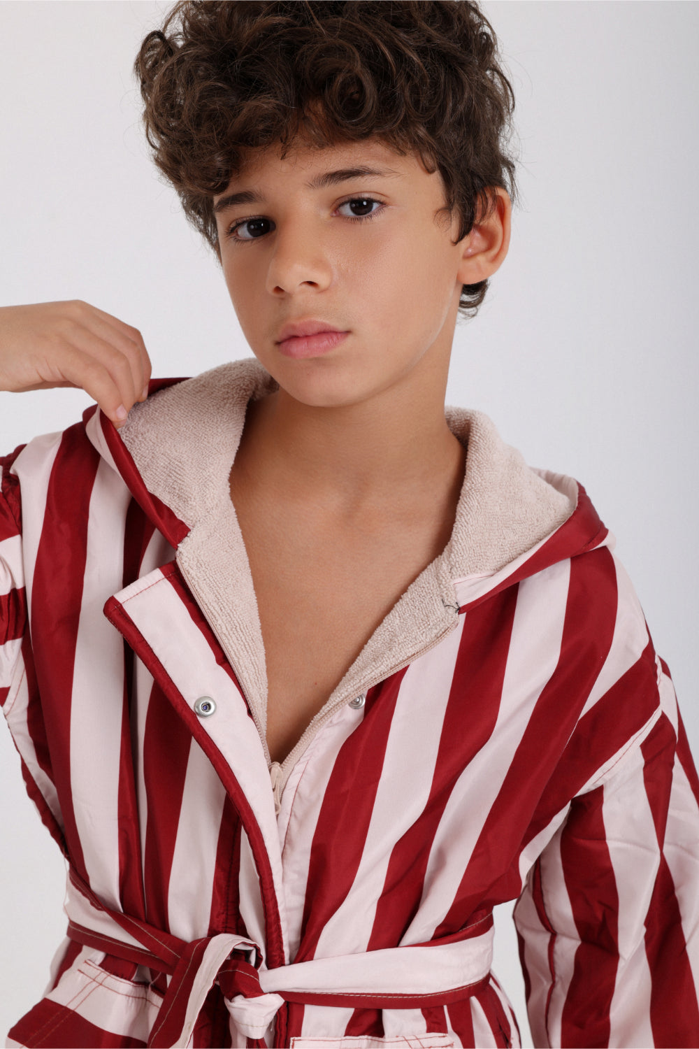 boys waterproof swim robe – marron & white striped print