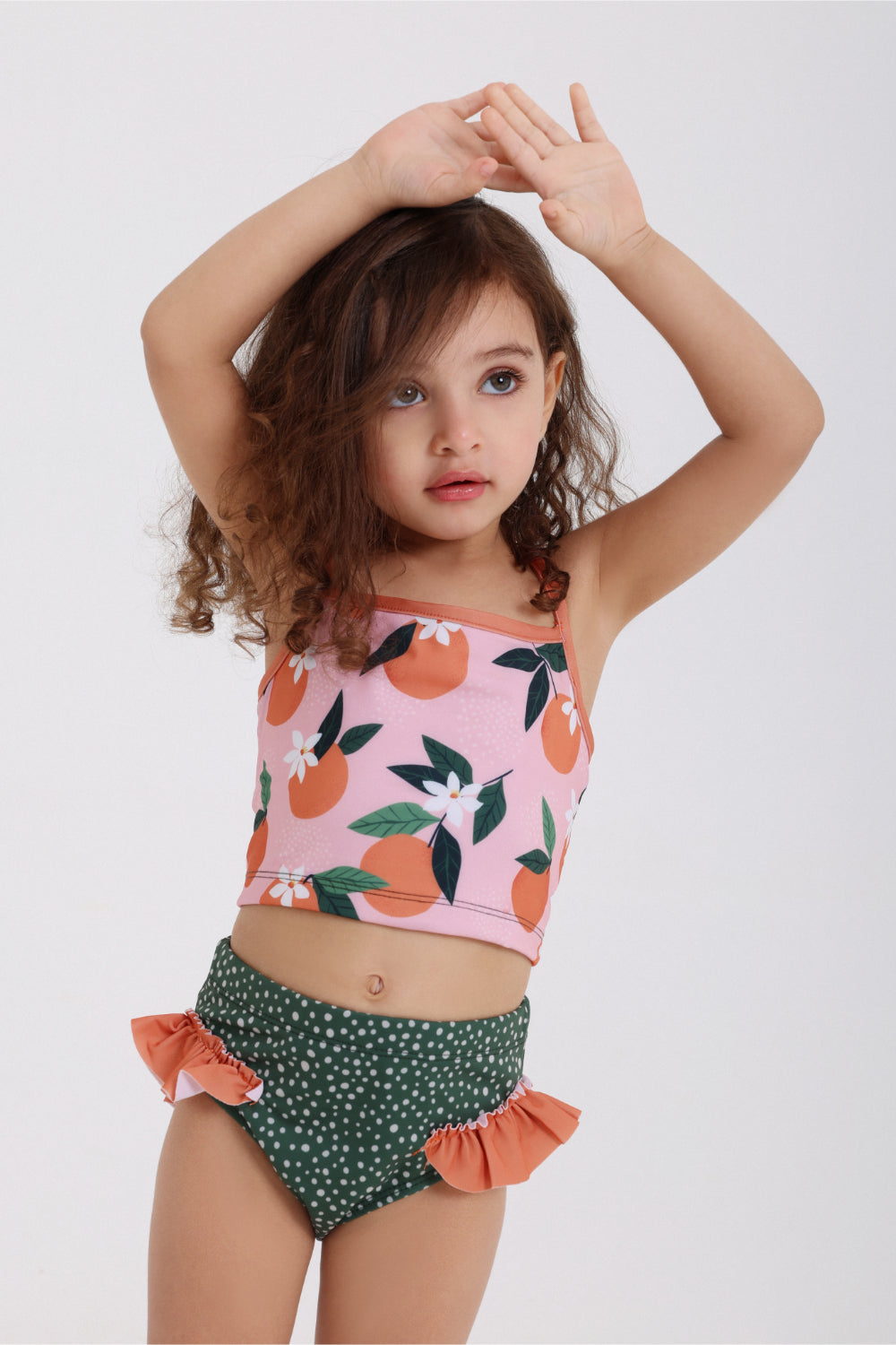 baby girls 2-piece swimsuit – dusty pink & olive – orange print