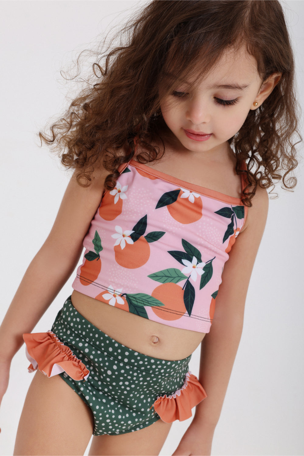 baby girls 2-piece swimsuit – dusty pink & olive – orange print