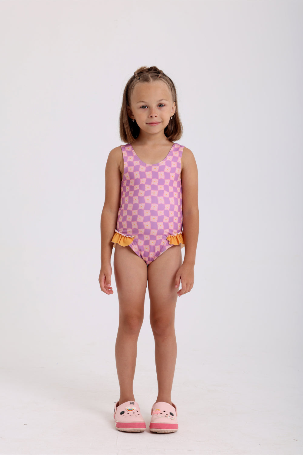 girls checkered one-piece swimsuit – dusty pink & purple