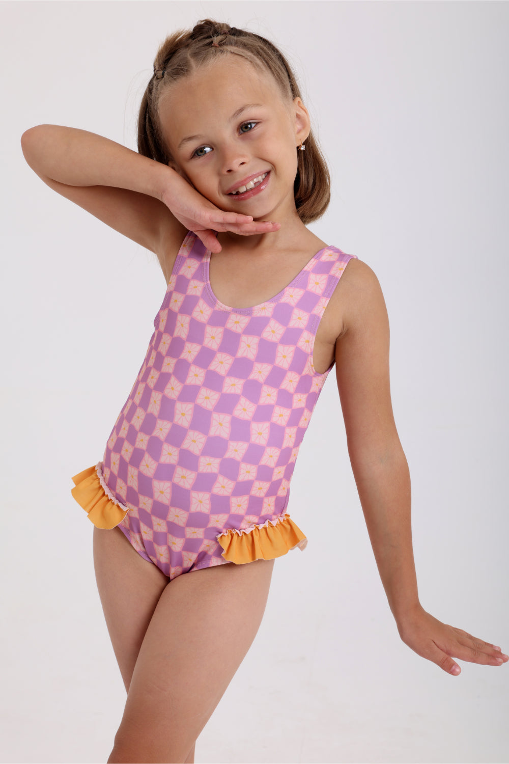 girls checkered one-piece swimsuit – dusty pink & purple