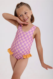 girls checkered one-piece swimsuit – dusty pink & purple