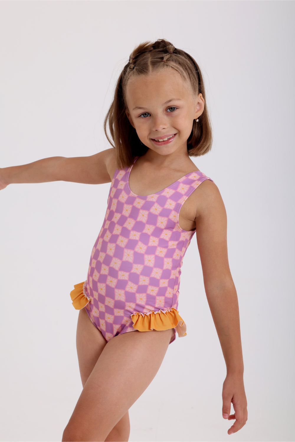 girls checkered one-piece swimsuit – dusty pink & purple