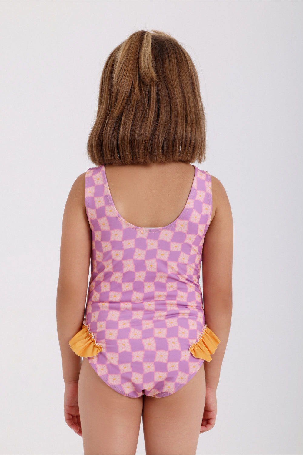 girls checkered one-piece swimsuit – dusty pink & purple