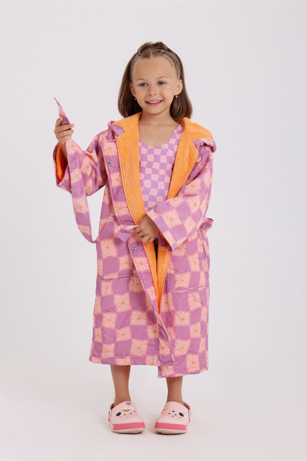 baby girls waterproof swim robe – dusty pink & purple checkered
