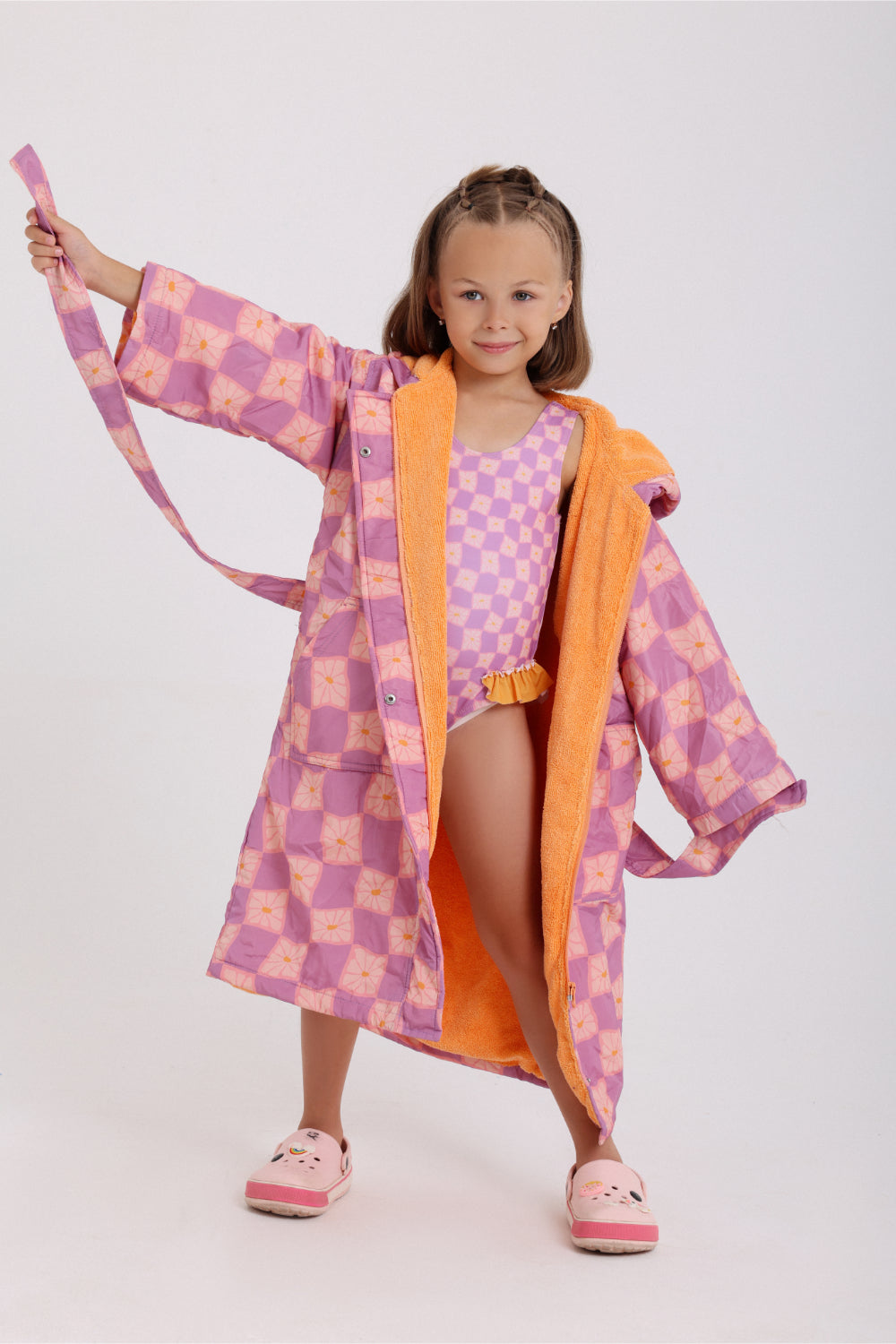 baby girls waterproof swim robe – dusty pink & purple checkered