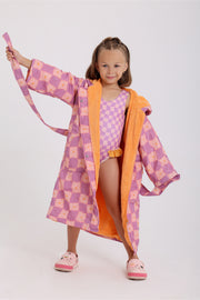 baby girls waterproof swim robe – dusty pink & purple checkered