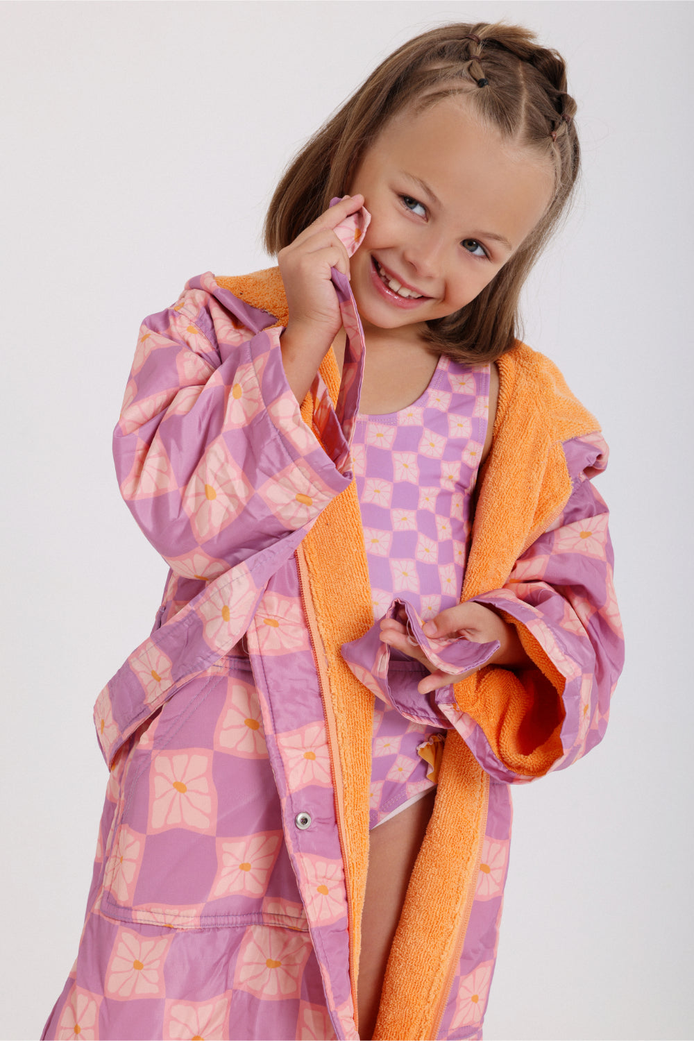 baby girls waterproof swim robe – dusty pink & purple checkered