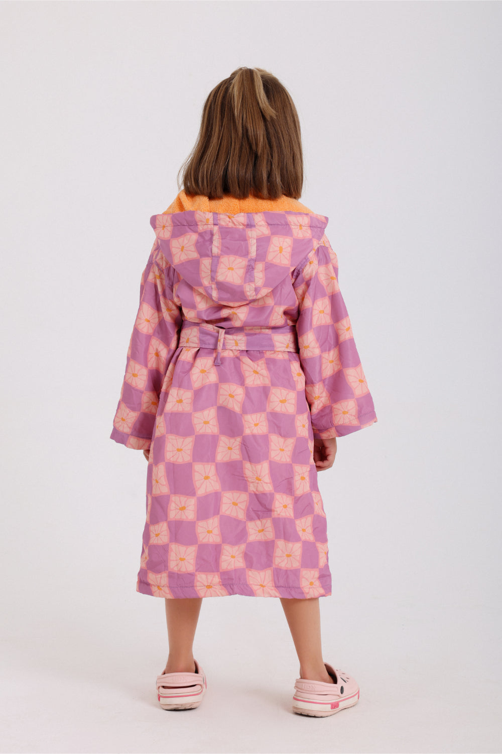 baby girls waterproof swim robe – dusty pink & purple checkered
