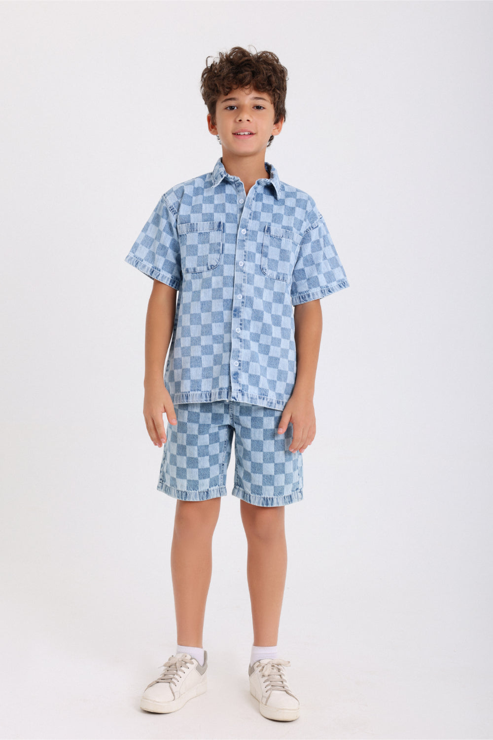 boys cotton denim checkered shirt – blue