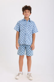 boys cotton denim checkered shirt – blue