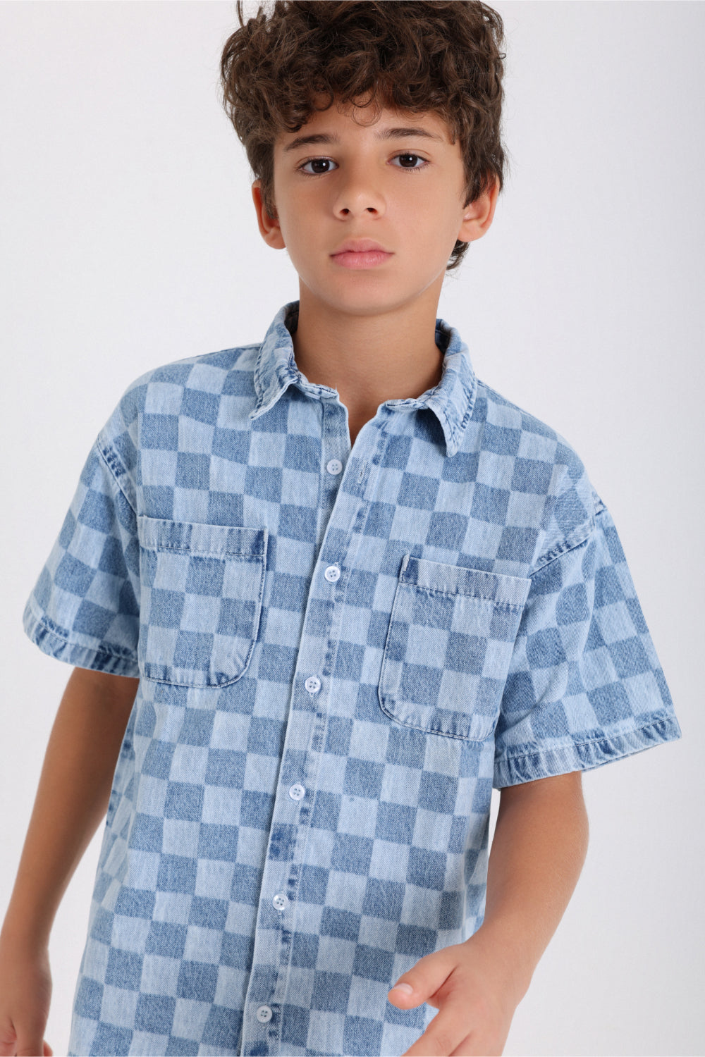 boys cotton denim checkered shirt – blue