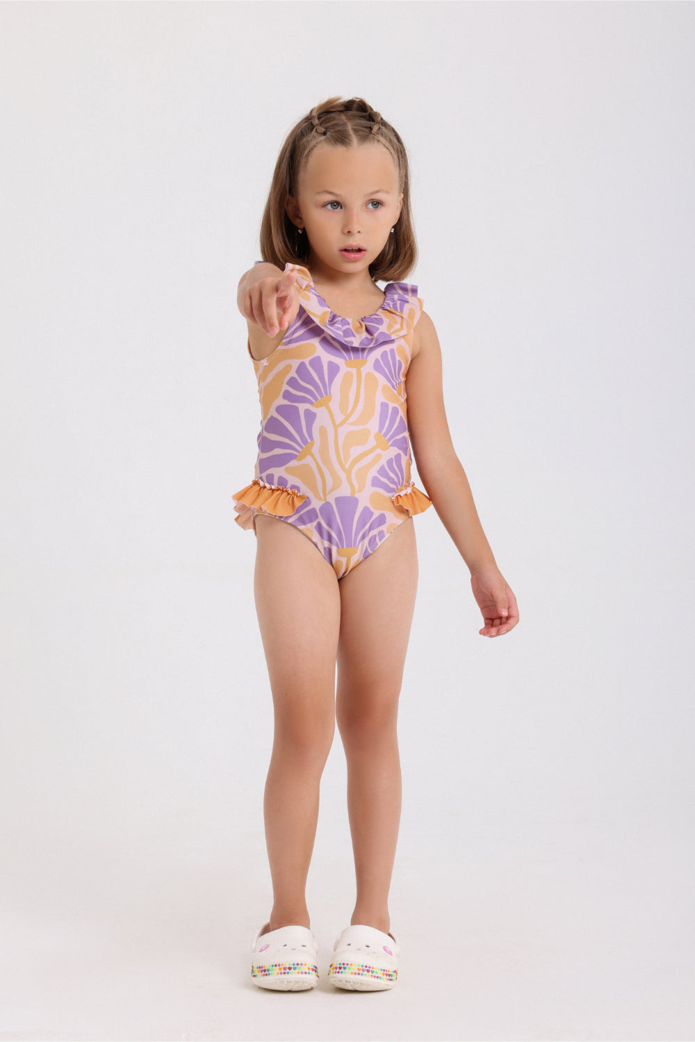 girls one-piece swimsuit – printed orange & purple