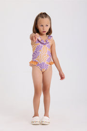 girls one-piece swimsuit – printed orange & purple
