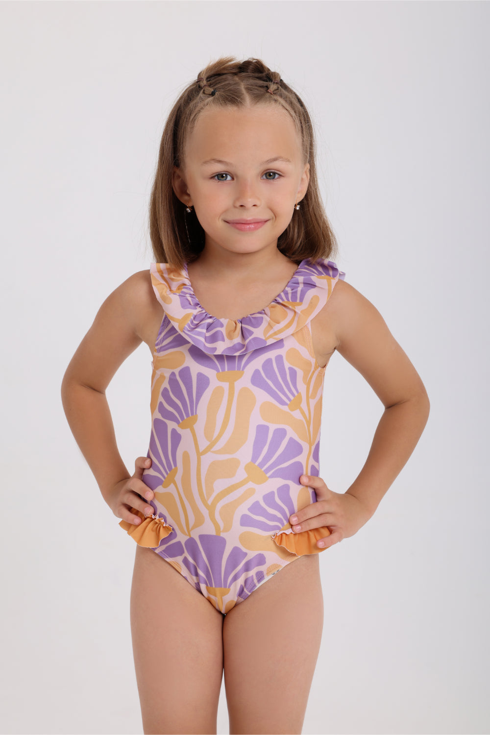 girls one-piece swimsuit – printed orange & purple
