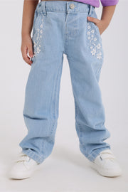 baby girls denim pants – ice blue with flowers embroidery