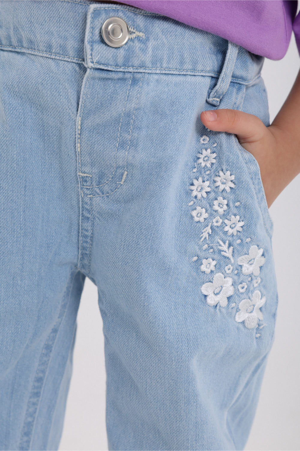 baby girls denim pants – ice blue with flowers embroidery