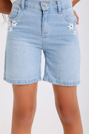 girls denim short – ice blue with flowers embroidery