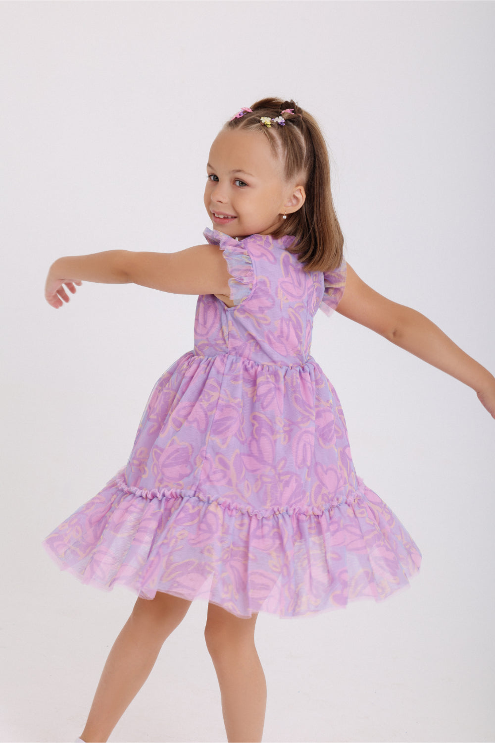 girls tulle sleeveless dress – purple with flowers print