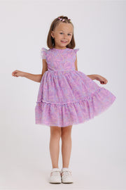 girls tulle sleeveless dress – purple with flowers print
