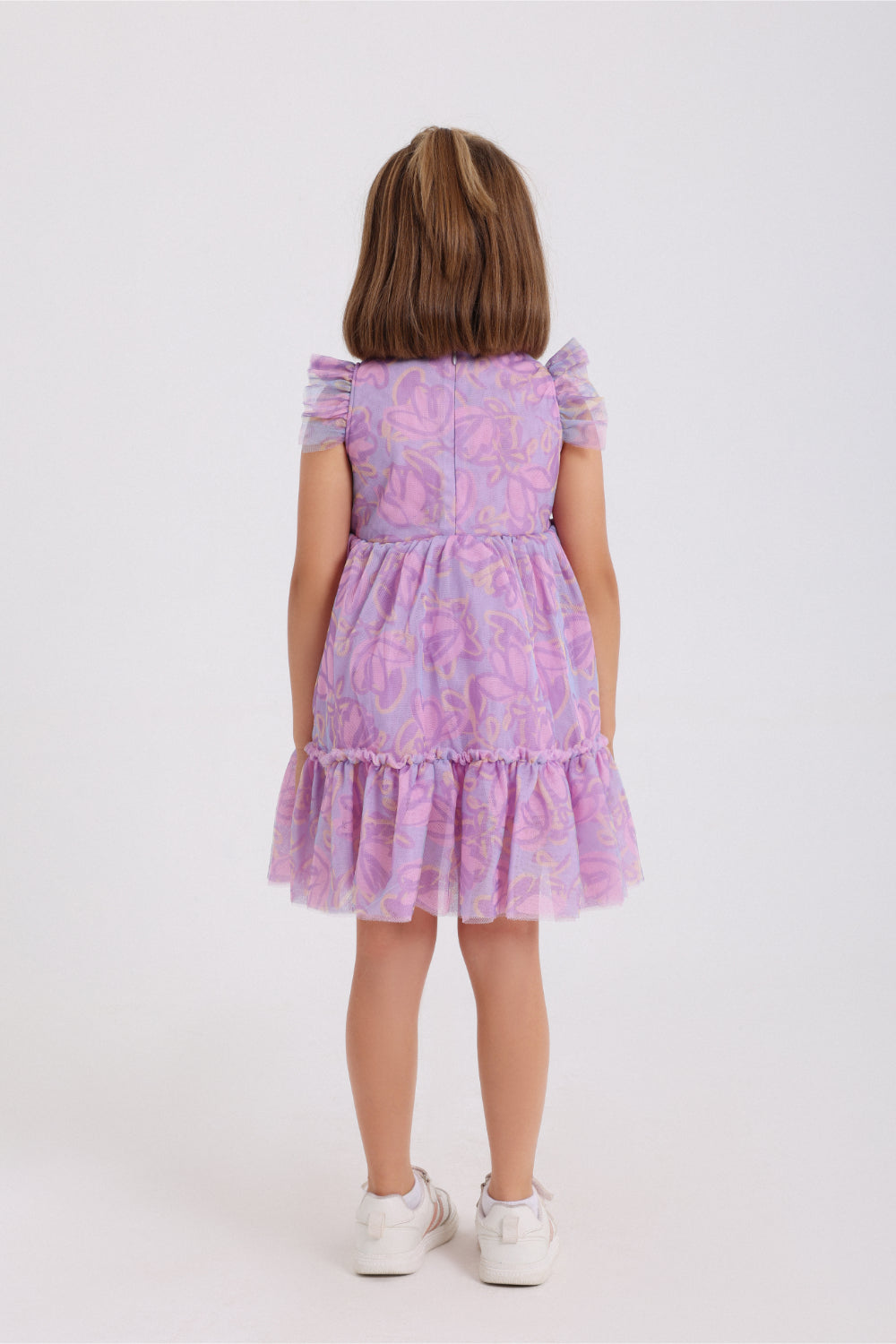 girls tulle sleeveless dress – purple with flowers print