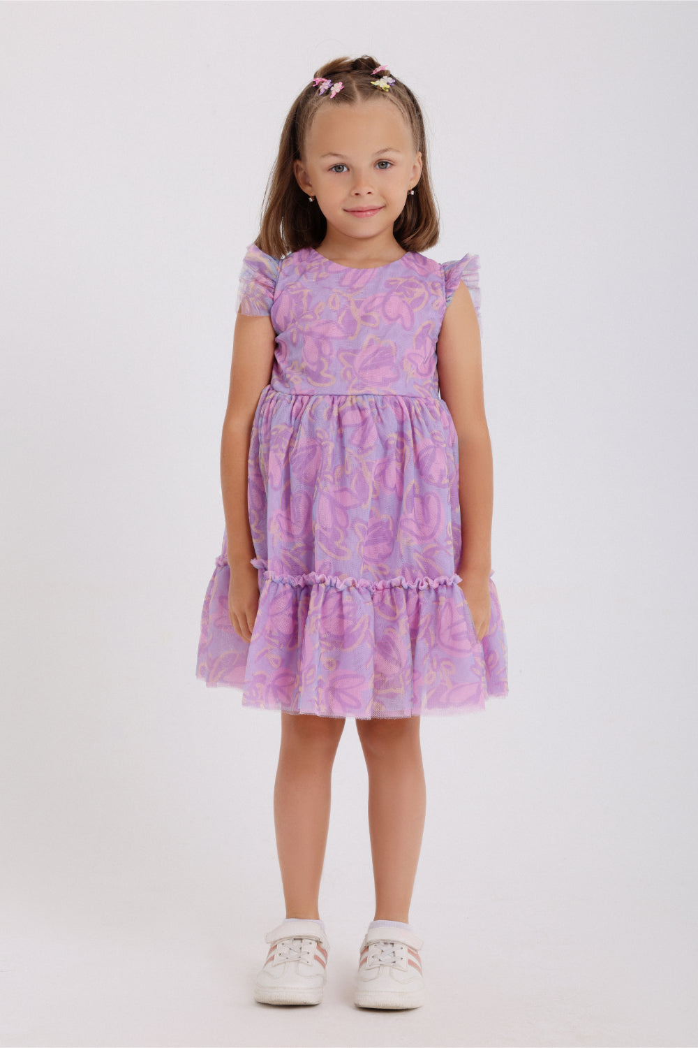 girls tulle sleeveless dress – purple with flowers print