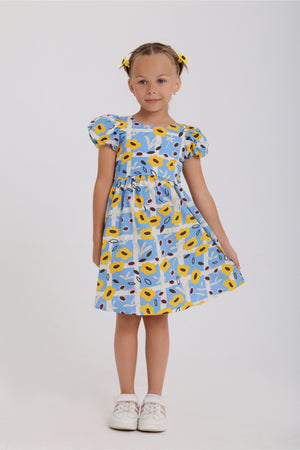girls cotton dress – baby blue with floral print