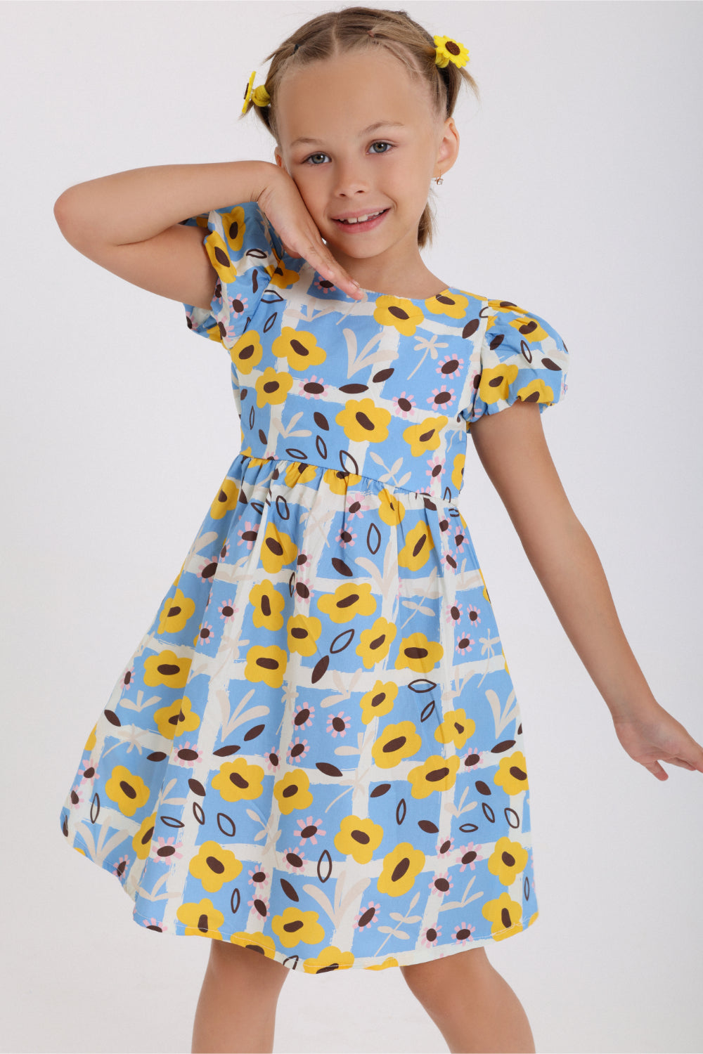 Girls Cotton Dress – Baby Blue with Floral Print