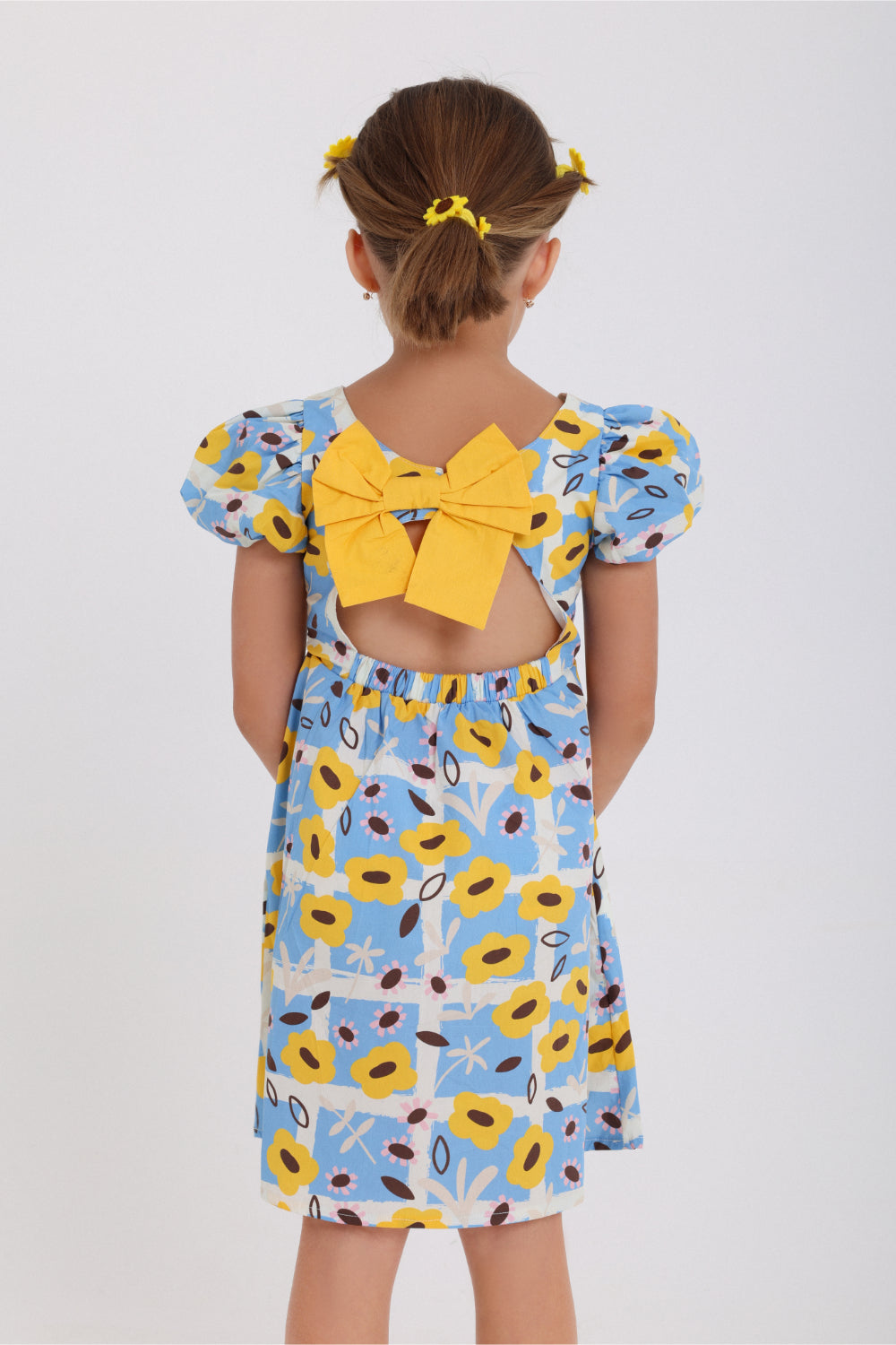 Girls Cotton Dress – Baby Blue with Floral Print