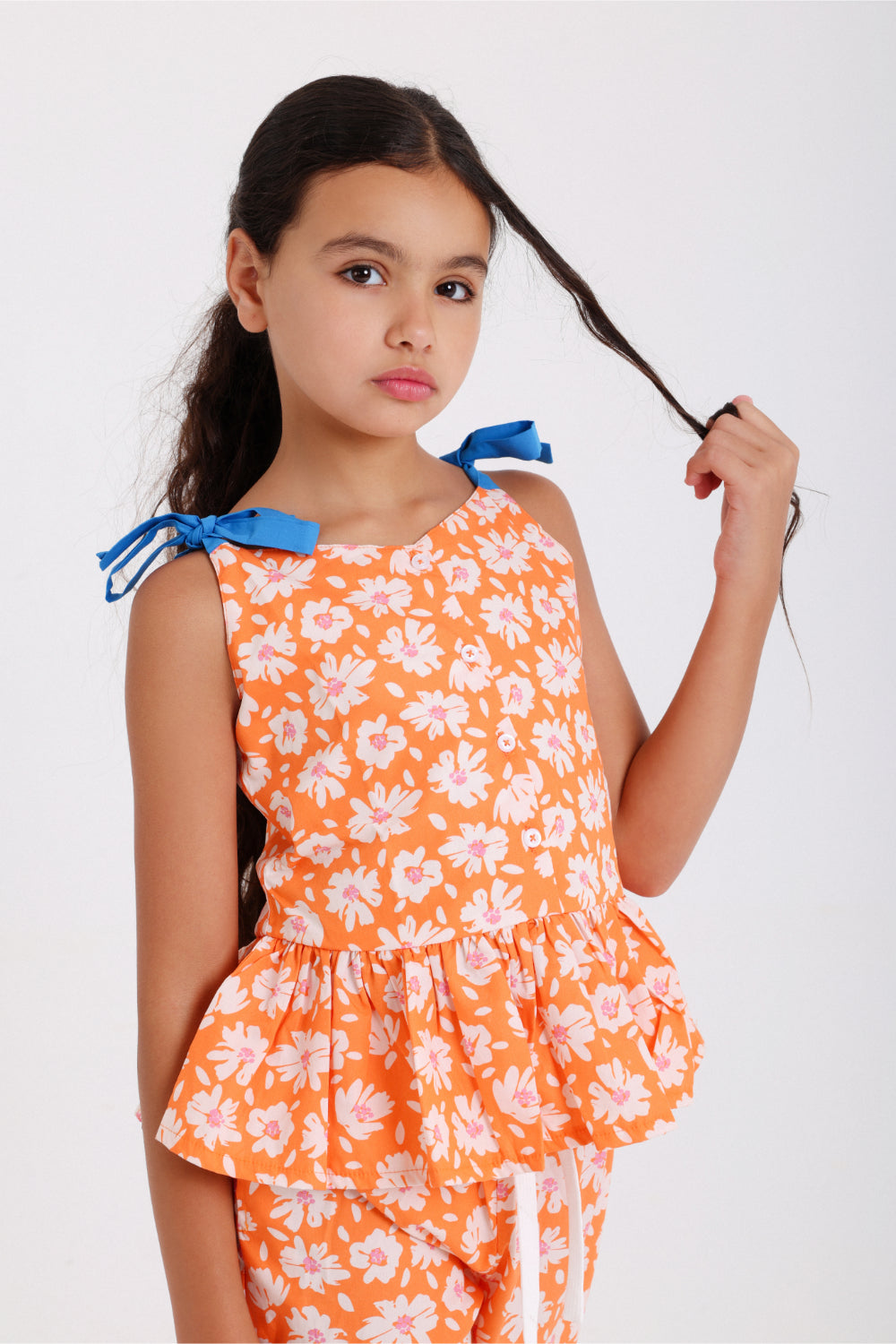 girls cotton blouse – orange with flowers print