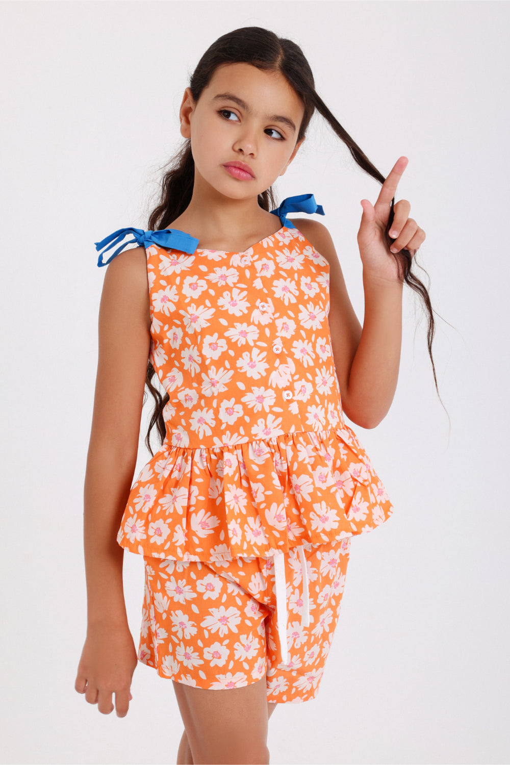girls cotton blouse – orange with flowers print