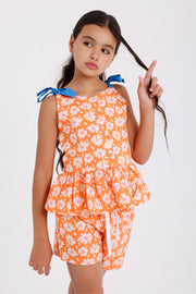 girls cotton short – orange with flowers print
