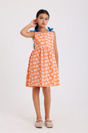 girls cotton dress – orange with flowers print