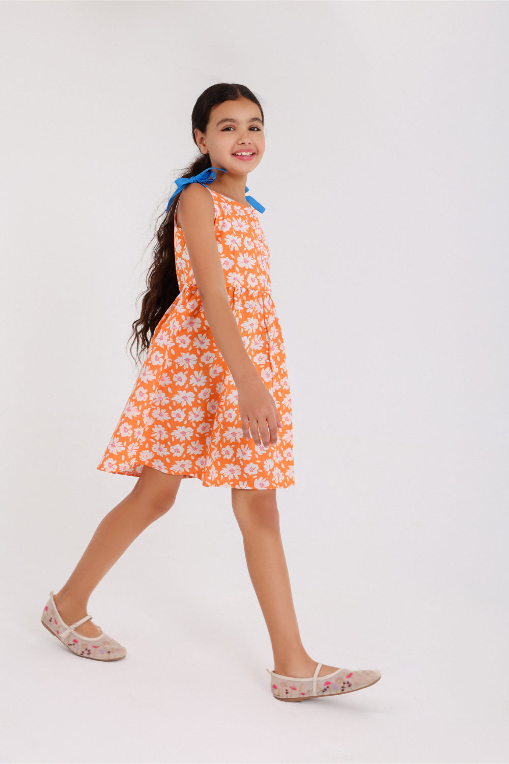 girls cotton dress – orange with flowers print
