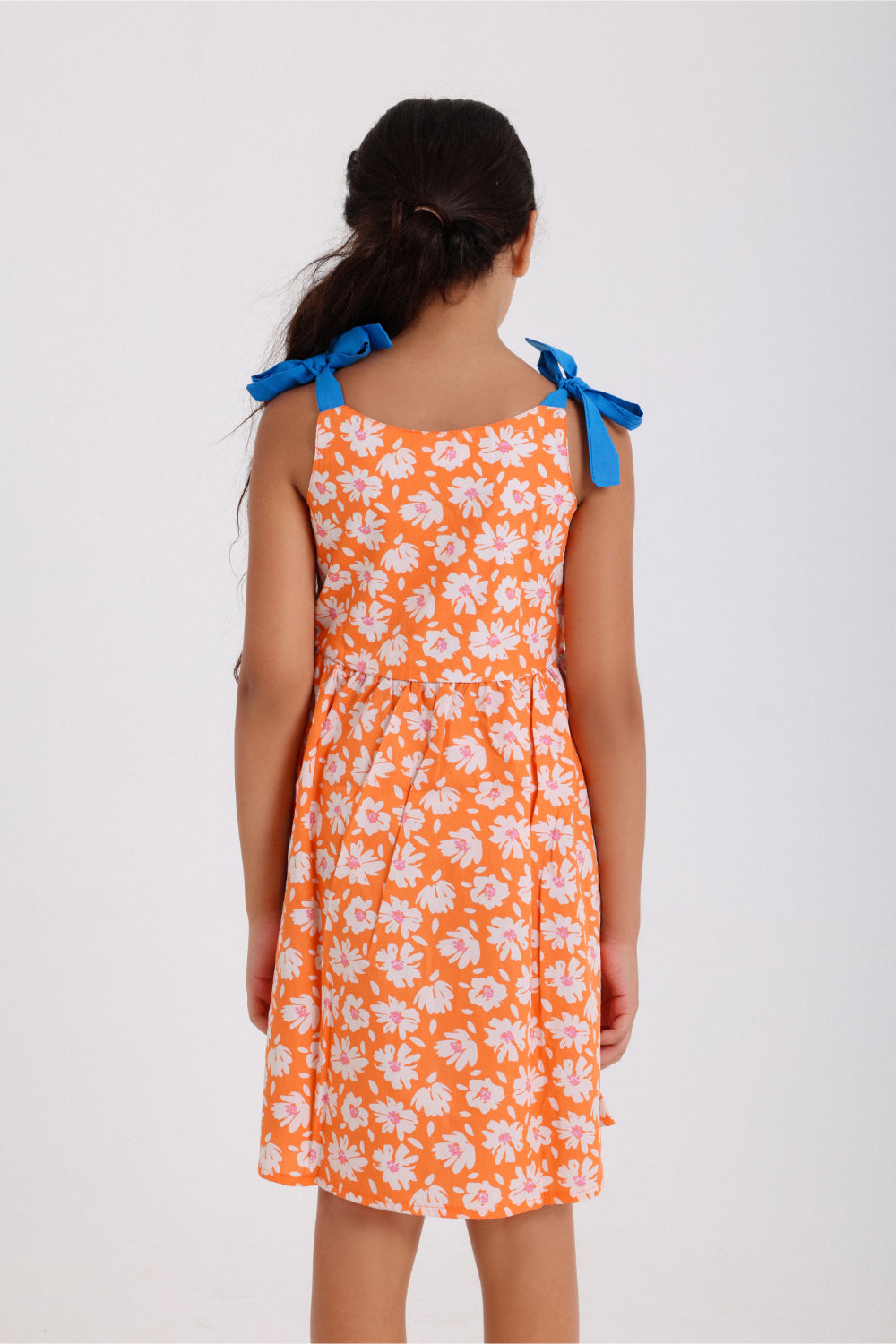girls cotton dress – orange with flowers print