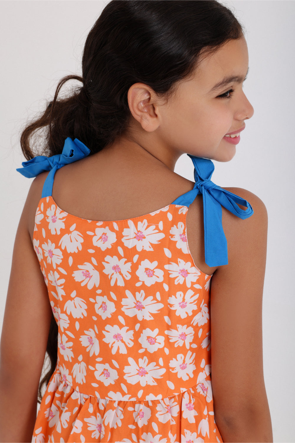 girls cotton dress – orange with flowers print