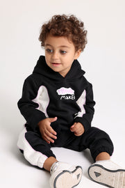 unisex cotton hoodie - black & offwhite with "trouble maker" print