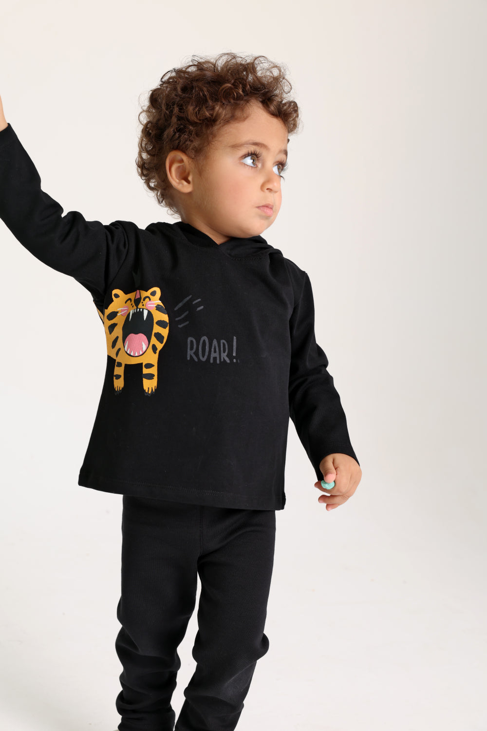 unisex cotton hooded t-shirt black with little tiger print