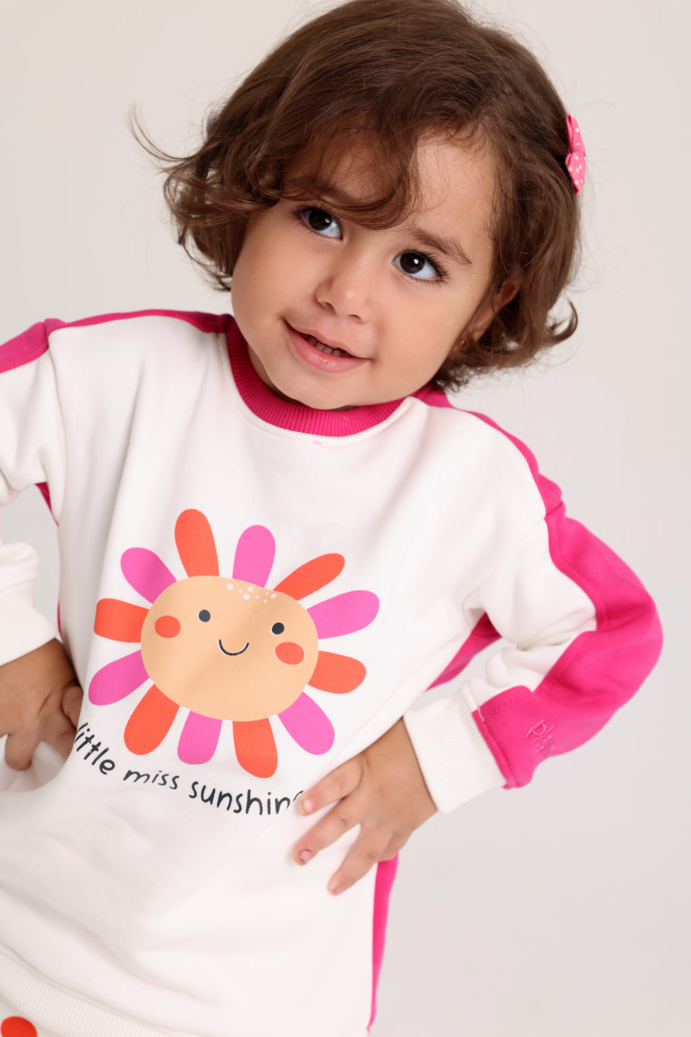 baby girls cotton outfit set – offwhite & fuchsia with "little miss sunshine" design