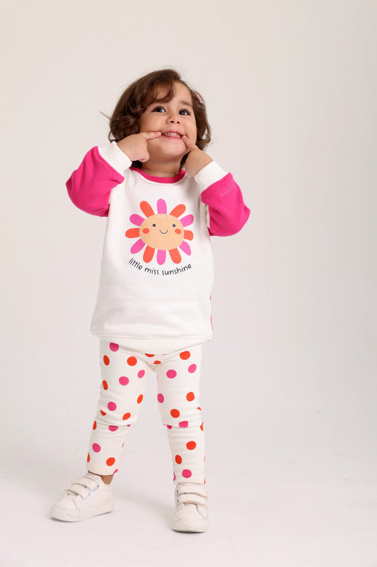 baby girls cotton outfit set – offwhite & fuchsia with "little miss sunshine" design
