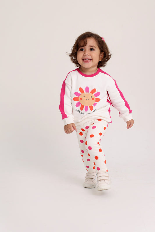 baby girls cotton outfit set – offwhite & fuchsia with "little miss sunshine" design