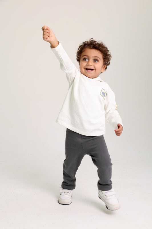 unisex cotton hooded t-shirt offwhite with hippopotamus print