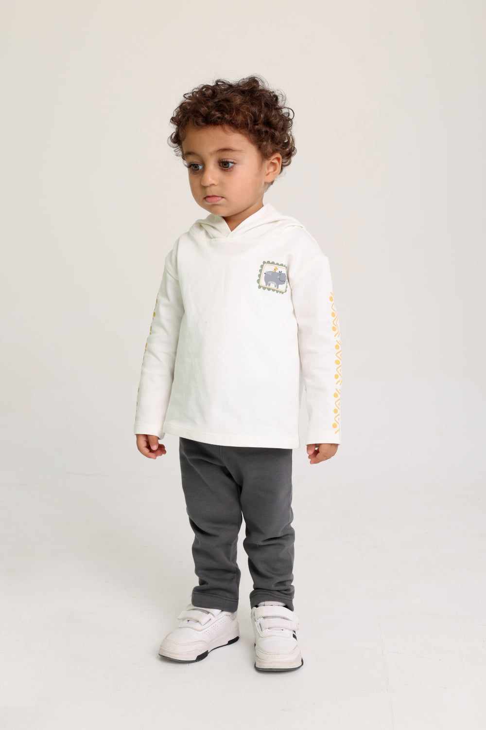 unisex cotton hooded t-shirt offwhite with hippopotamus print