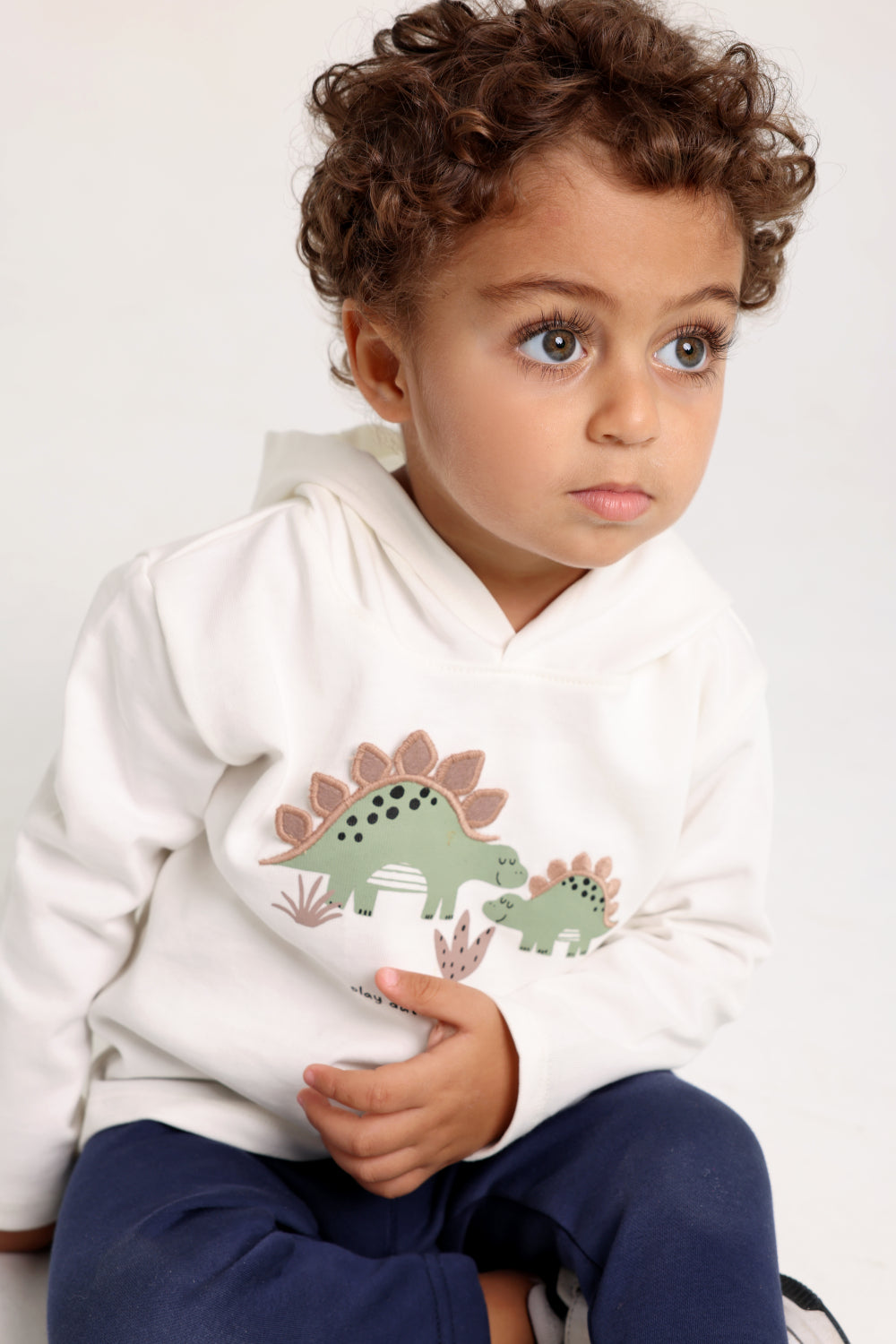 unisex cotton hooded tee – offwhite with dino print