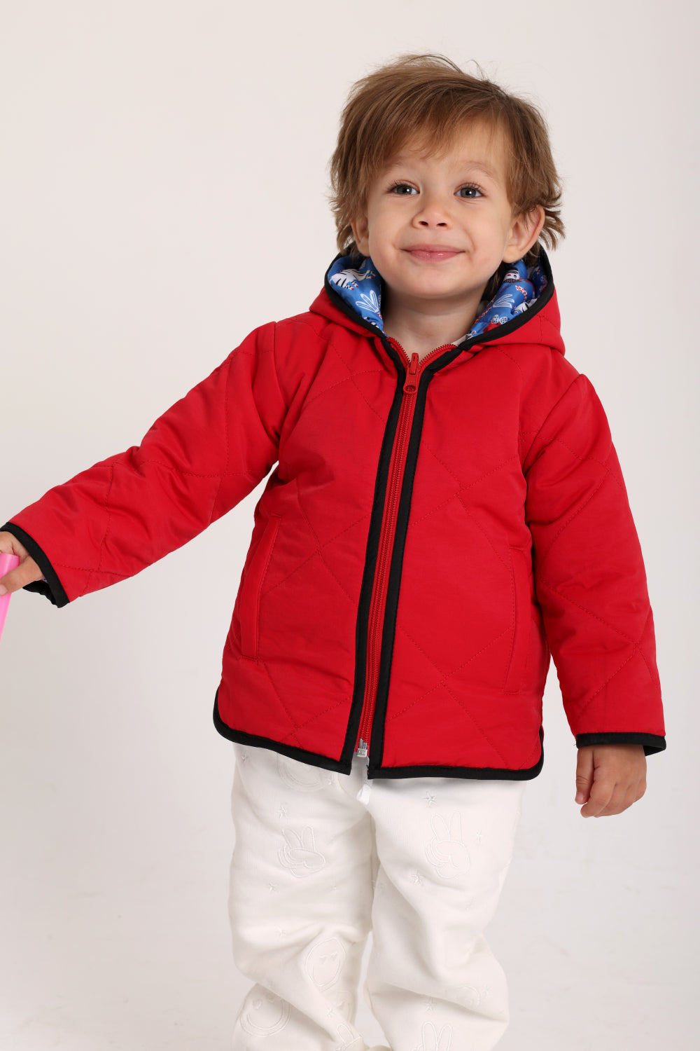 boys waterproof reversible jacket – red & babyblue