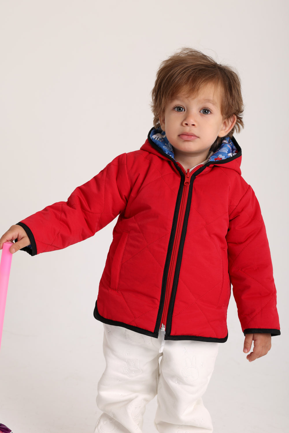 boys waterproof reversible jacket – red & babyblue