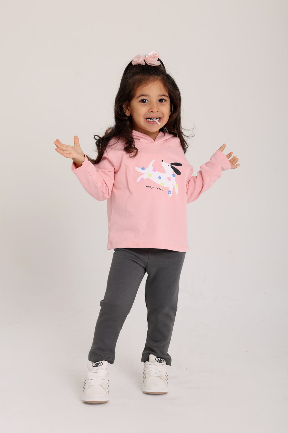 baby girls cotton hooded t-shirt simon with "always happy" dog print