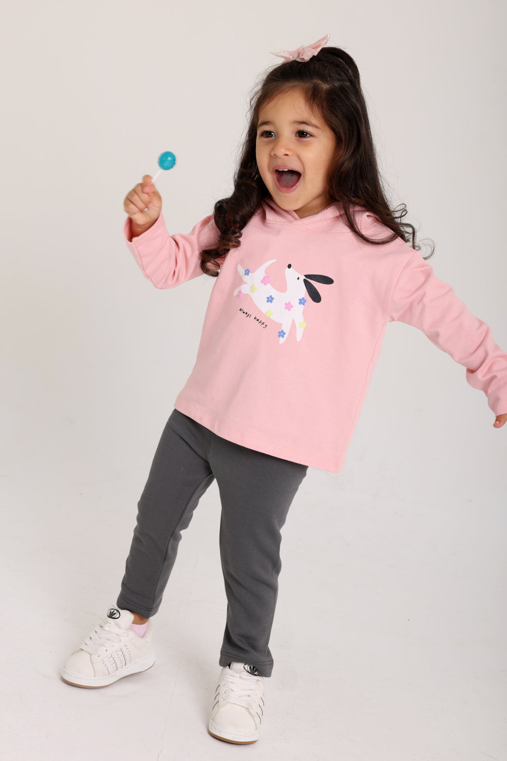 baby girls cotton hooded t-shirt simon with "always happy" dog print