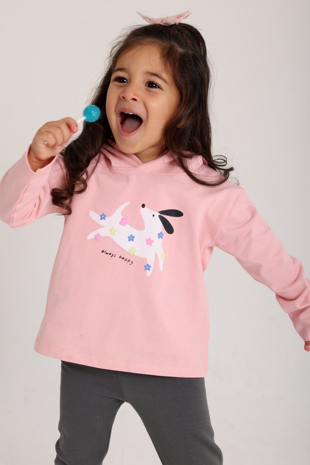 baby girls cotton hooded t-shirt simon with "always happy" dog print