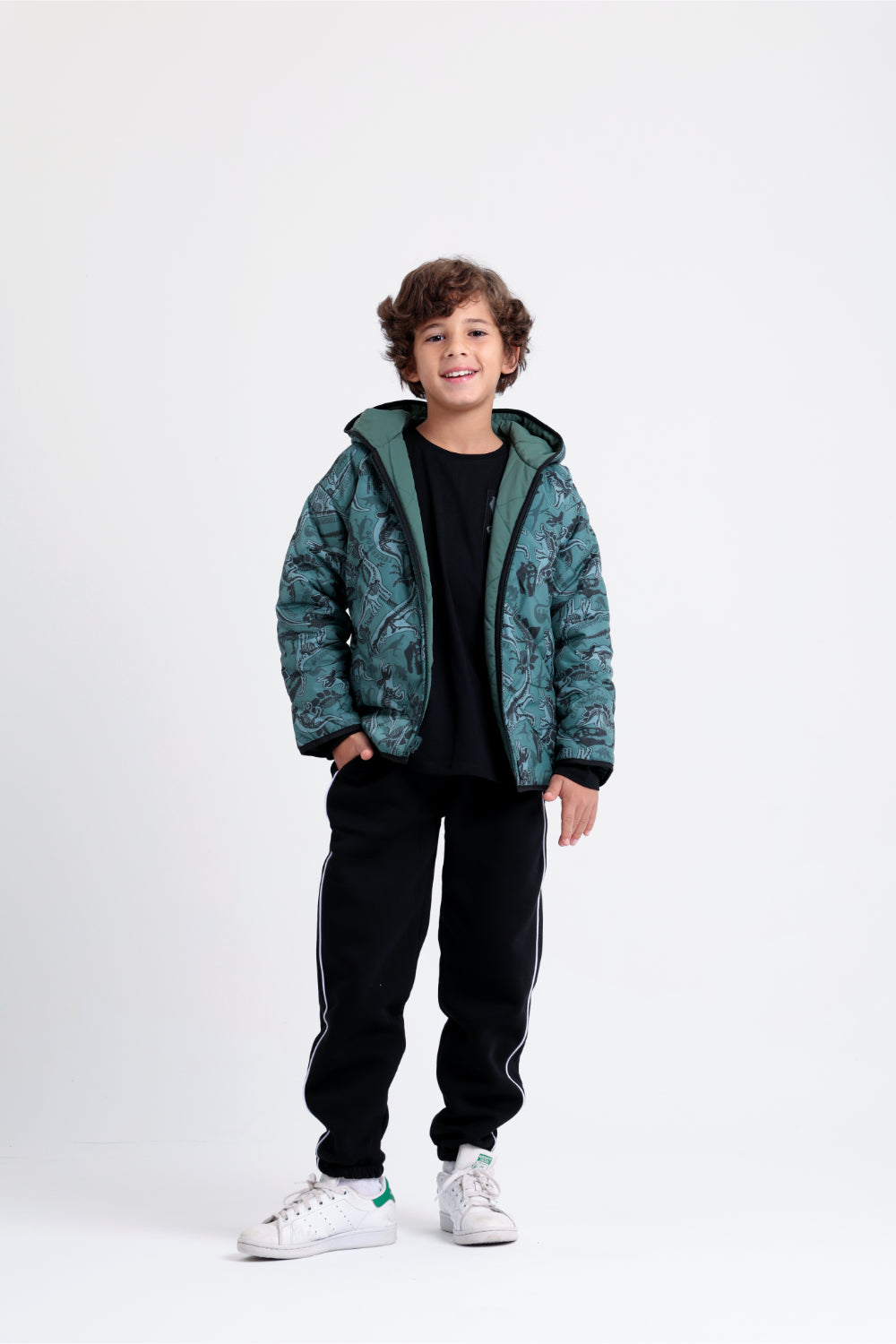 boys waterproof double face jacket - dark green with dino print
